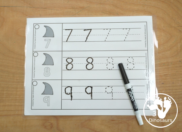 Free Shark Number Tracing Strips - with numbers 0 to 20. You can tracing the numbers and an example of how to trace the numbers on the strips, plus an shark fin on each tracing strip. - 3Dinosaurs.com