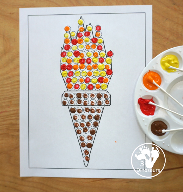 Free Torch Fine Motor Mats: Dot Maker - you have a torch q-tip or cotton swab page with the outline of the torch and small dots that fill the torch - 3Dinosaurs.com