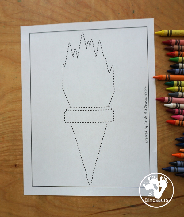 Free Torch Fine Motor Mats: Dot Maker - you have a torch with all tracing lines for kids to trace and color - 3Dinosaurs.com