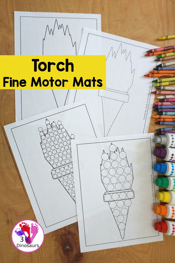 Free Torch Fine Motor Mats - you have a torch template, torch tracing page, torch dot marker page and a torch q-tip printable - 3Dinosaurs.com