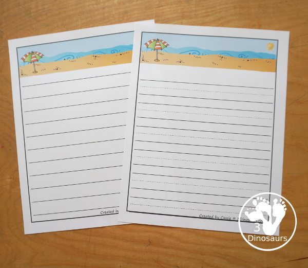 Free Beach Writing Paper - two styles of writing lines with single lines and guideline. You have a page with area for drawing and a page with just the lines to help with writing during the summer. - 3Dinosaurs.com
