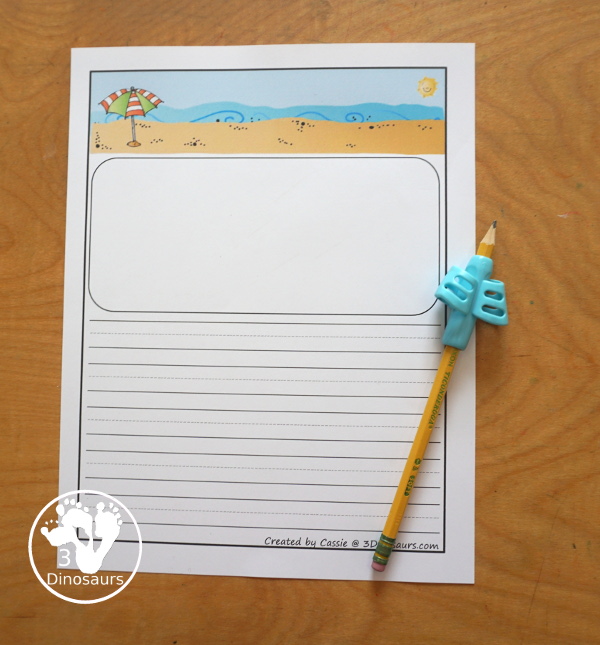 Free Beach Writing Paper - two styles of writing lines with single lines and guideline. You have a page with area for drawing and a page with just the lines to help with writing during the summer. - 3Dinosaurs.com