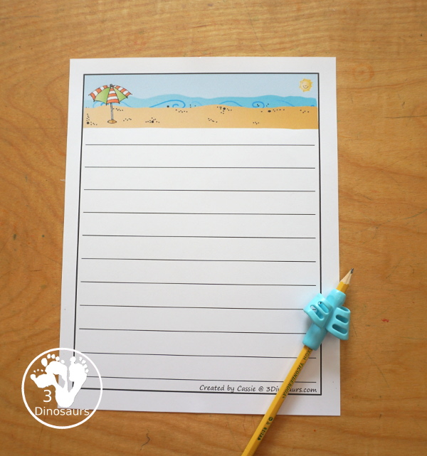 Free Beach Writing Paper - two styles of writing lines with single lines and guideline. You have a page with area for drawing and a page with just the lines to help with writing during the summer. - 3Dinosaurs.com