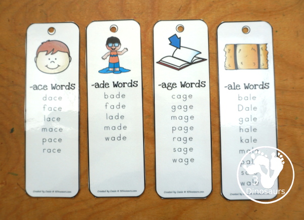 CVCe Word Family Bookmark Printables with 48 word family bookmarks with a picture of the word ending and then a list of the words. See four the bookmarks with their wor ists - 3Dinosaurs.com