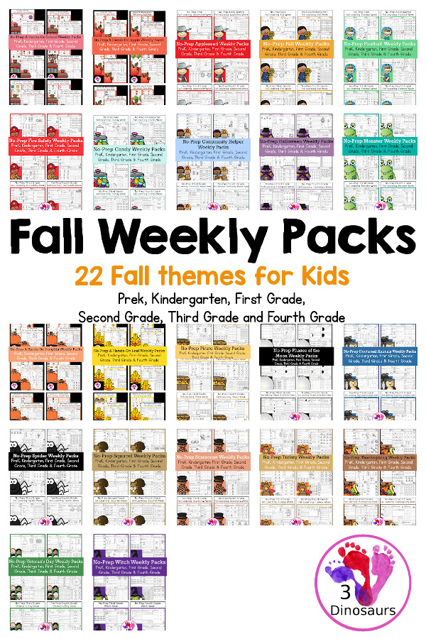 No-Prep Weekly Packs for the Fall for Prek to 4th Grade - 5 days of printables with 4 pages for each day. You have the following themes: School, Football, Apple, Johnny Appleseed, Fall, Pirate, Leaf, Pumpkin, Monster, Candy, Halloween, witch, Scarecrow, Community Helpers, Veteran's Day, Turkey, Thanksgiving, and Veteran's Day - 3Dinosaurs.com