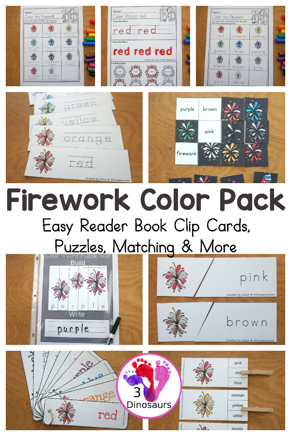 Firework Color Pack - with 74 pages of printables with color easy reader book, color clip cards, color tracing strips, color writing strips, color pocket chart cards, color word writing, color word puzzles, playdough mat, and more all to work on learning color words. This is a great Firework theme - 3Dinosaurs.com