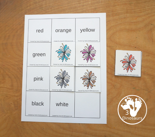 Firework Color Pack - with 74 pages of printables with color easy reader book, color clip cards, color tracing strips, color writing strips, color pocket chart cards, color word writing, color word puzzles, playdough mat, and more all to work on learning color words. This is a great Firework theme - 3Dinosaurs.com