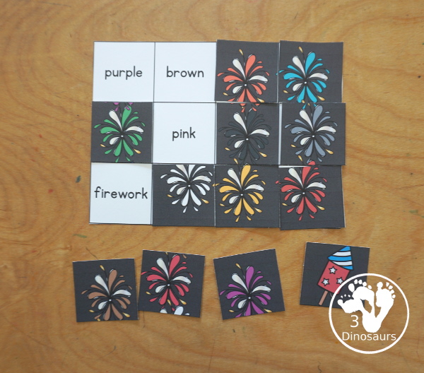 Firework Color Pack - with 74 pages of printables with color easy reader book, color clip cards, color tracing strips, color writing strips, color pocket chart cards, color word writing, color word puzzles, playdough mat, and more all to work on learning color words. This is a great Firework theme - 3Dinosaurs.com