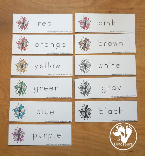 Firework Color Pack - with 74 pages of printables with color easy reader book, color clip cards, color tracing strips, color writing strips, color pocket chart cards, color word writing, color word puzzles, playdough mat, and more all to work on learning color words. This is a great Firework theme - 3Dinosaurs.com