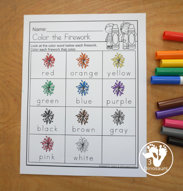 Firework Color Pack - with 74 pages of printables with color easy reader book, color clip cards, color tracing strips, color writing strips, color pocket chart cards, color word writing, color word puzzles, playdough mat, and more all to work on learning color words. This is a great Firework theme - 3Dinosaurs.com