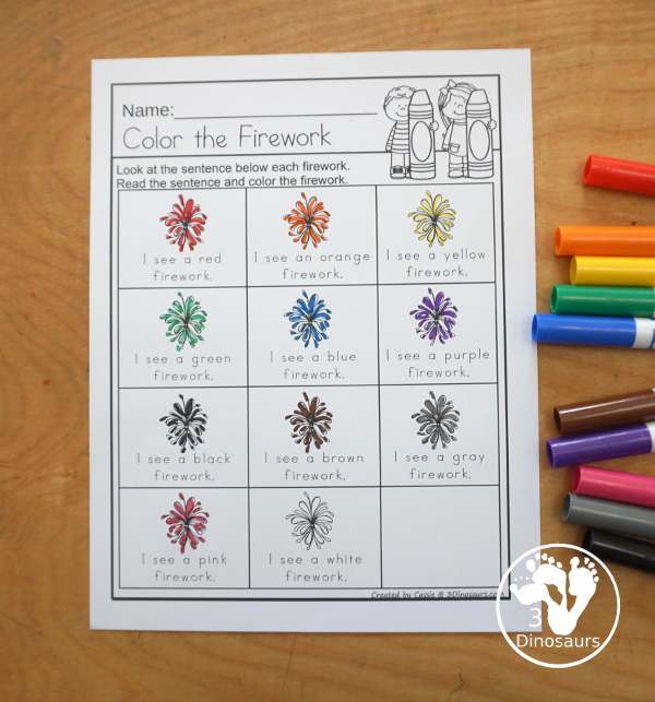 Firework Color Pack - with 74 pages of printables with color easy reader book, color clip cards, color tracing strips, color writing strips, color pocket chart cards, color word writing, color word puzzles, playdough mat, and more all to work on learning color words. This is a great Firework theme - 3Dinosaurs.com