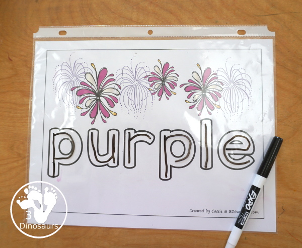  Free Firework Color Word Playdough Mat Printables - fireworks in a single color with color word below. A fun theme color word playdough mat for kids.- 3Dinosaurs.com