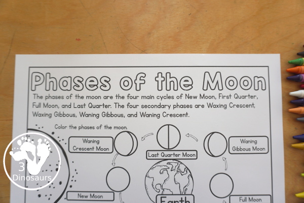 Free Phases of the Moon Coloring Page Printables - you have information at the top about the different phases of the moon. You have the Sun, Earth and 8 phases of the moon for kids to color. You can work on learning these phases in this simple coloring page. And it has Northern and Southern Hemisphere options - 3Dinosaurs.com