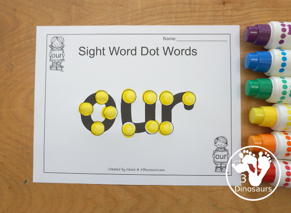 Free Romping & Roaring Primer Sight Words: On, Our, Out, Please - you have 6 pages for each sight word that work on learning the sight word in different ways with reading, writing, and finding. 3Dinosaurs.com