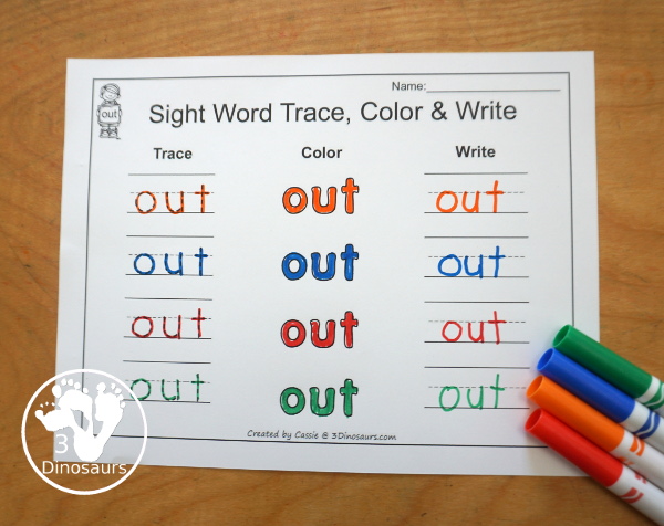 Free Romping & Roaring Primer Sight Words: On, Our, Out, Please - you have 6 pages for each sight word that work on learning the sight word in different ways with reading, writing, and finding. 3Dinosaurs.com