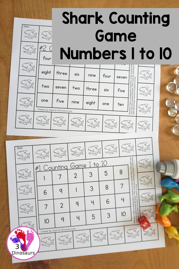 Free Shark Number Counting Game Printables - you have two number games that work on numbers from 1 to 10. You have a shark number word game and a shark numerical number game. Both fun ways to work on counting and numbers with a fun shark theme. - 3Dinosaurs.com