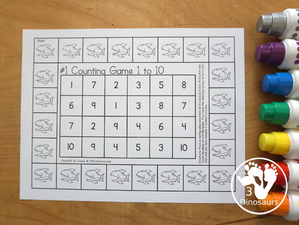 Free Shark Number Counting Game Printables - you have two number games that work on numbers from 1 to 10. You have a shark number word game and a shark numerical number game. Both fun ways to work on counting and numbers with a fun shark theme. - 3Dinosaurs.com