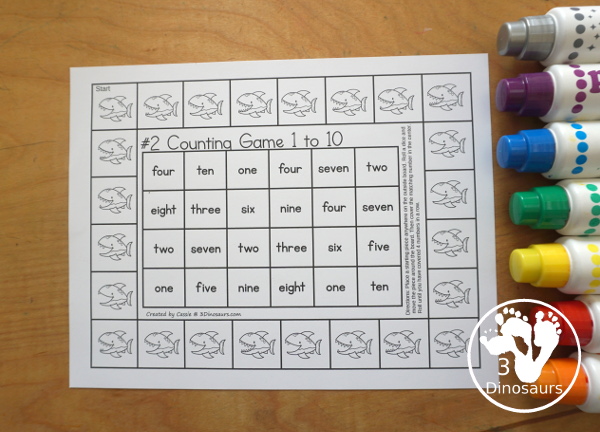 Free Shark Number Counting Game Printables - you have two number games that work on numbers from 1 to 10. You have a shark number word game and a shark numerical number game. Both fun ways to work on counting and numbers with a fun shark theme. - 3Dinosaurs.com