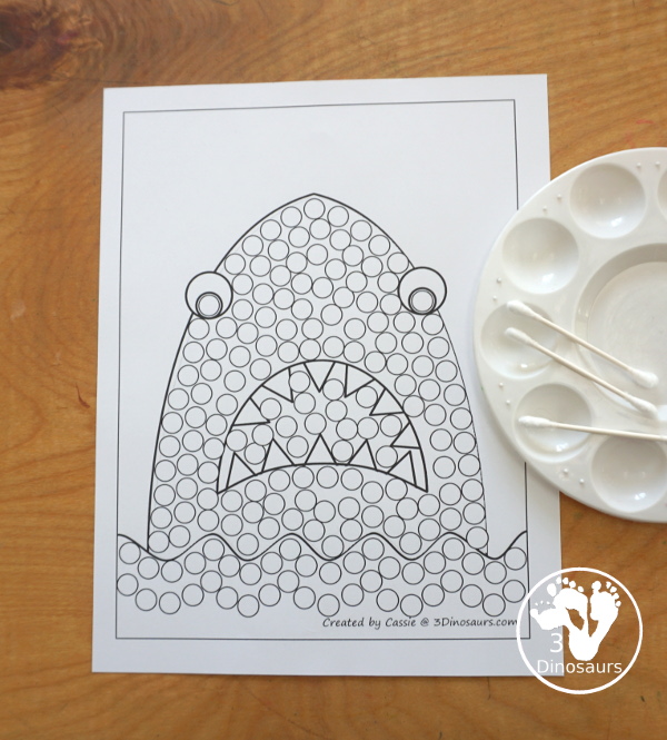 Free Shark Fine Motor Mats - You have 4 fine motor mats to use with kids for shark week. You have a shark template, a shark tracing page, a shark q-tip page, and a shark dot marker page. A great preschool, prek, and kindergarten fine motor work. 3Dinosaurs.com
