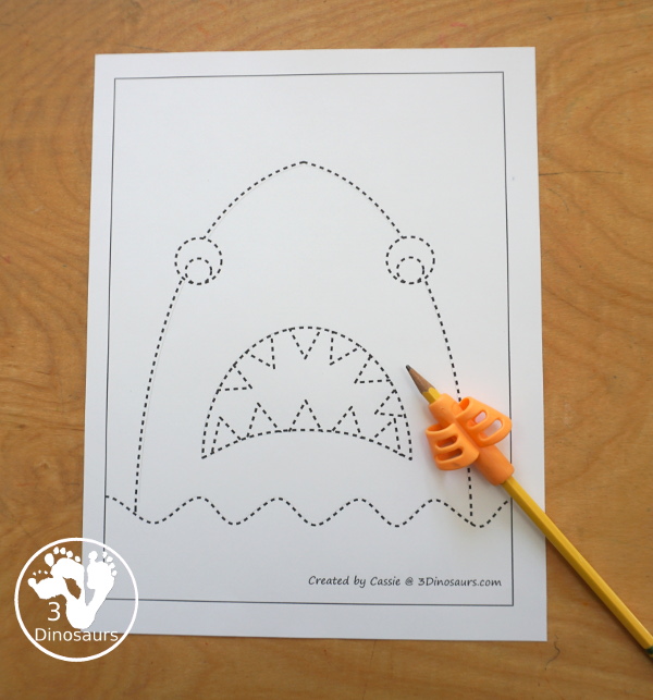 Free Shark Fine Motor Mats - You have 4 fine motor mats to use with kids for shark week. You have a shark template, a shark tracing page, a shark q-tip page, and a shark dot marker page. A great preschool, prek, and kindergarten fine motor work. 3Dinosaurs.com