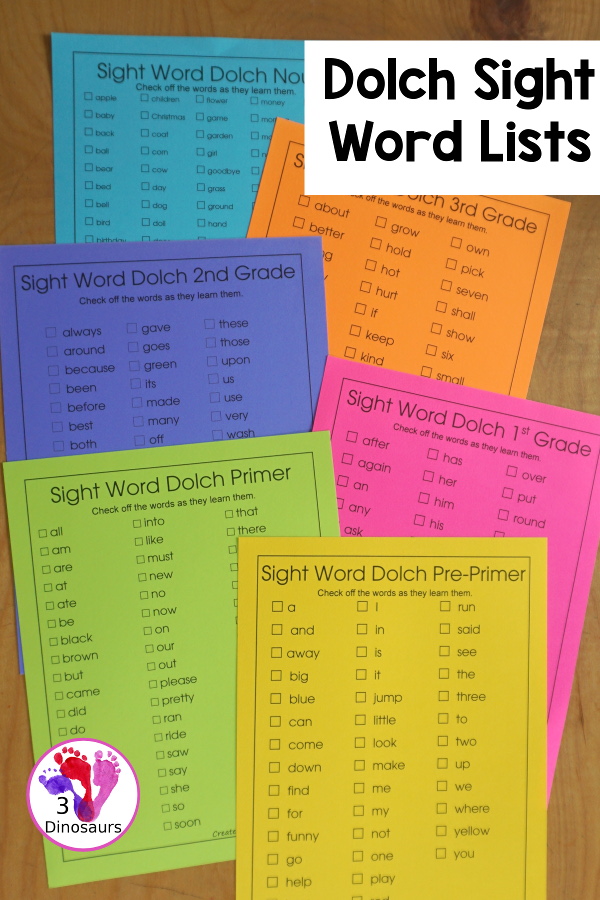 Free Sight Words Dolch Lists- two list types for each sight word list in the Dolch Sight Word lists. You have Pre-Primer, Primer, First Grade, Second Grade, Third Grade, and Noun Word lists. - 3Dinosaurs.com