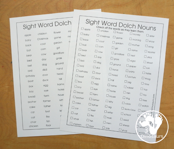 Free Sight Words Dolch Lists- two list types for each sight word list in the Dolch Sight Word lists. You have Pre-Primer, Primer, First Grade, Second Grade, Third Grade, and Noun Word lists. - 3Dinosaurs.com