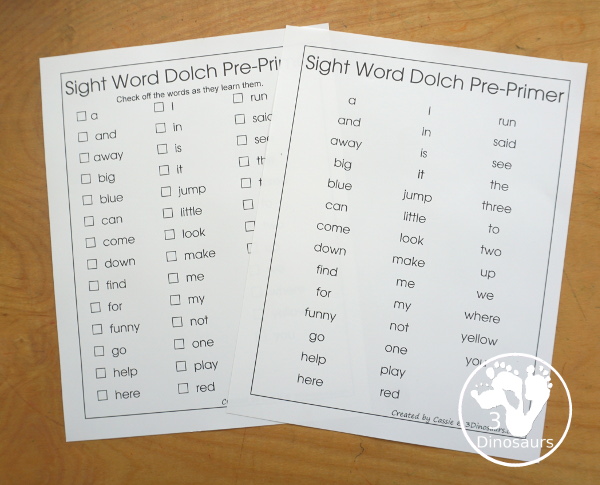 Free Sight Words Dolch Lists- two list types for each sight word list in the Dolch Sight Word lists. You have Pre-Primer, Primer, First Grade, Second Grade, Third Grade, and Noun Word lists. - 3Dinosaurs.com