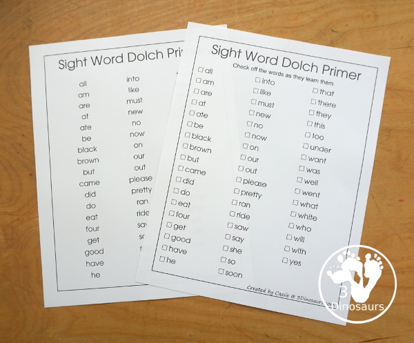 Free Sight Words Dolch Lists- two list types for each sight word list in the Dolch Sight Word lists. You have Pre-Primer, Primer, First Grade, Second Grade, Third Grade, and Noun Word lists. - 3Dinosaurs.com