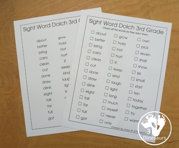 Free Sight Words Dolch Lists- two list types for each sight word list in the Dolch Sight Word lists. You have Pre-Primer, Primer, First Grade, Second Grade, Third Grade, and Noun Word lists. - 3Dinosaurs.com