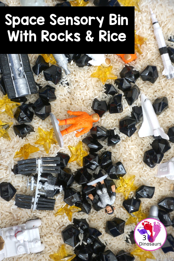 Space Sensory Bin With Rice and Rocks - you have space figures, yellow stars, and rice for this simple sensory b8in. This is great for a space theme with kids. And they will enjoy exploring space themes in the sensory bin. A fun sensory bin for kids in preschool, prek and kindergarten. - 3Dinosaurs.com
