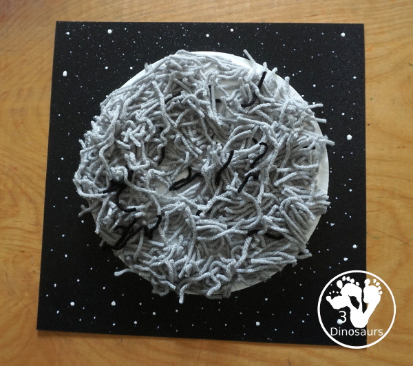 Yarn Moon Craft For Kids is simple to make with a paper plate, glue and yarn to make the moon. It is great for Moon Day or any moon theme you do with kids. - 3Dinosaurs.com