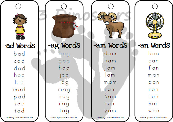 Free CVC Word Family Bookmarks. 4 Bookmarks per page - The following endings: -ad, -ag, -am, -an, -ap, -ar, at, -ed, -en, -et, -ig, -in, -ip, -it, -og, -op, -ot, -ow, -ox, -ug, -un, & -ut - 3Dinosaurs.com