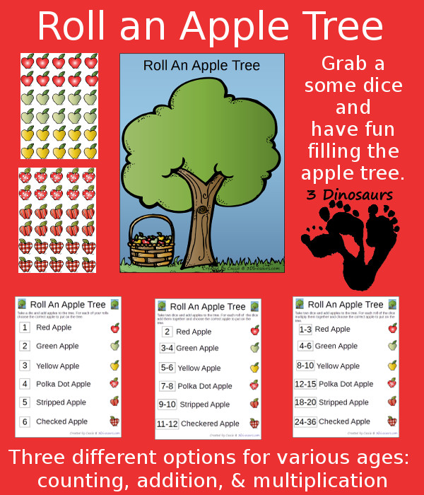 Free Roll an Apple Tree Printable - 3 Levels of learning: counting, addition, and multiplication - 3Dinosaurs.com