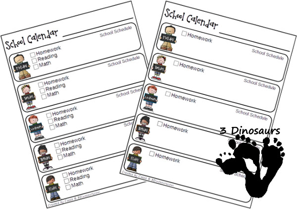 Free Weekly School Calendar; 6 calendar options, 2 sets of daily cards for boy and girl, and speical calendar cards - 3Dinosaurs.com