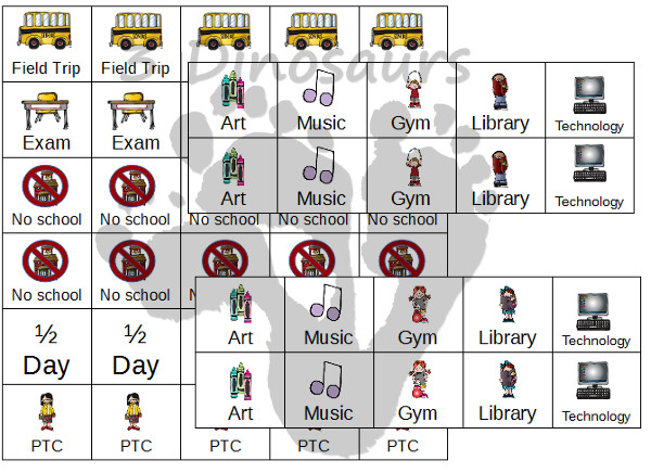 Free Weekly School Calendar; 6 calendar options, 2 sets of daily cards for boy and girl, and speical calendar cards - 3Dinosaurs.com