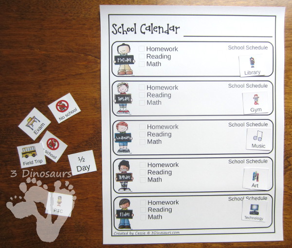 Free Weekly School Calendar; 6 calendar options, 2 sets of daily cards for boy and girl, and speical calendar cards - 3Dinosaurs.com
