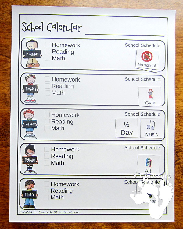 Free Weekly School Calendar; 6 calendar options, 2 sets of daily cards for boy and girl, and speical calendar cards - 3Dinosaurs.com