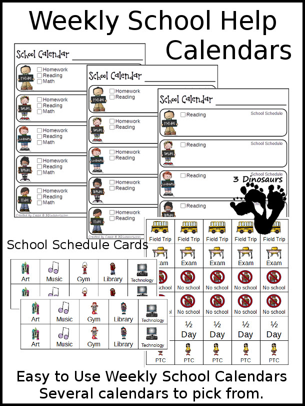 Free Weekly School Calendar; 6 calendar options, 2 sets of daily cards for boy and girl, and speical calendar cards - 3Dinosaurs.com