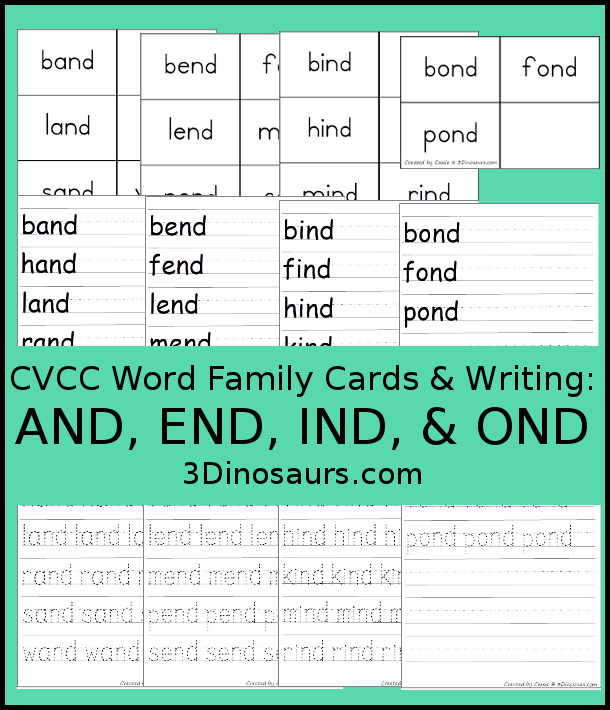 Free CVCC Word Family Cards & Writing - AND, END, IND, & OND - 3Dinosaurs.com