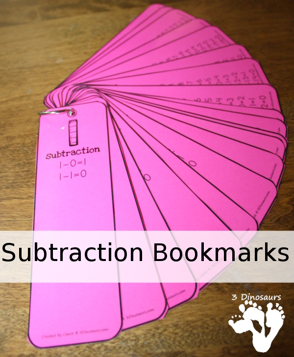 Free Subtraction Bookmarks - Numbers 1 to 20 - 3Dinosaurs.com
