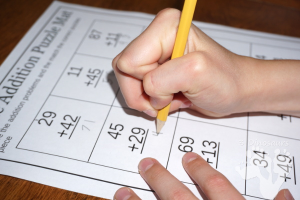 Free Apple Themed Double Digit Addition Puzzles - fun way to make math a hands-on activity - 3Dinosaurs.com