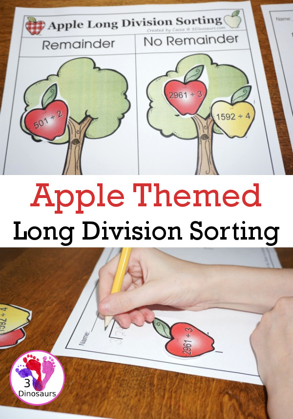 Free Apple Long Division Sorting Activity - sorting page, 12 apples and long division writing page - 3Dinosaurs.com