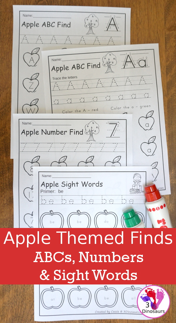 No-Prep Apple Themed Finds: ABCs, Numbers & Sight Words - easy no-prep printables with a fun fall theme for ABCs, Numbers, and Sight Words: Dolch Preprimer and Primer $ - 3Dinosaurs.com