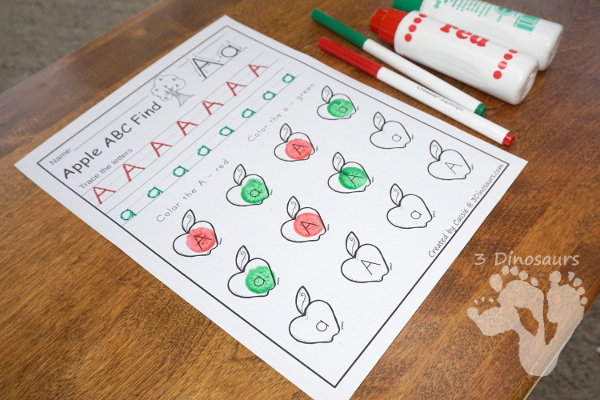 No-Prep Apple Themed Finds: ABCs, Numbers & Sight Words - easy no-prep printables with a fun fall theme for ABCs, Numbers, and Sight Words: Dolch Preprimer and Primer $ - 3Dinosaurs.com