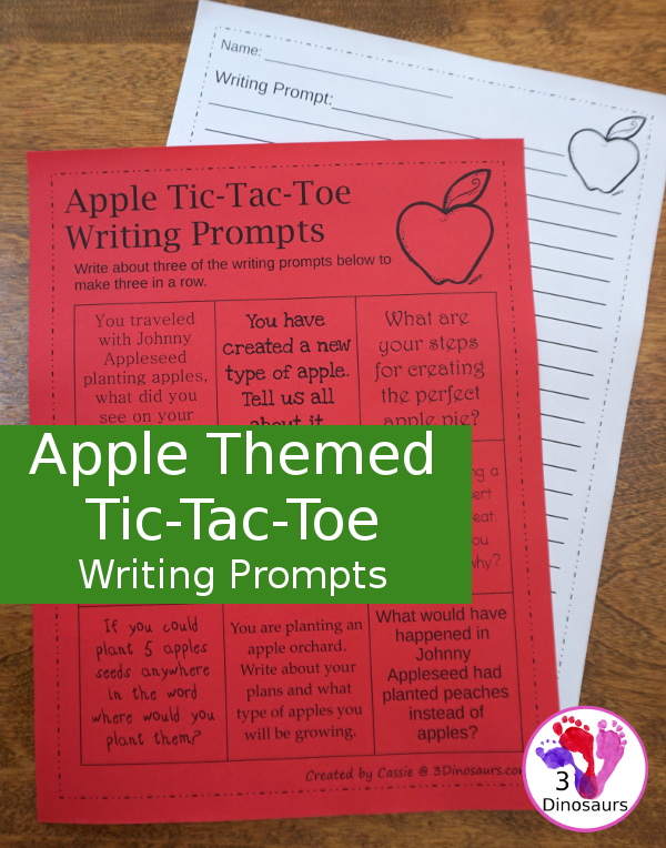 Fun FREE Apple Tic-Tac-Toe Writing Prompts - 9 writing prompts with 2 apple themed writing papers - 3Dinosaurs.com