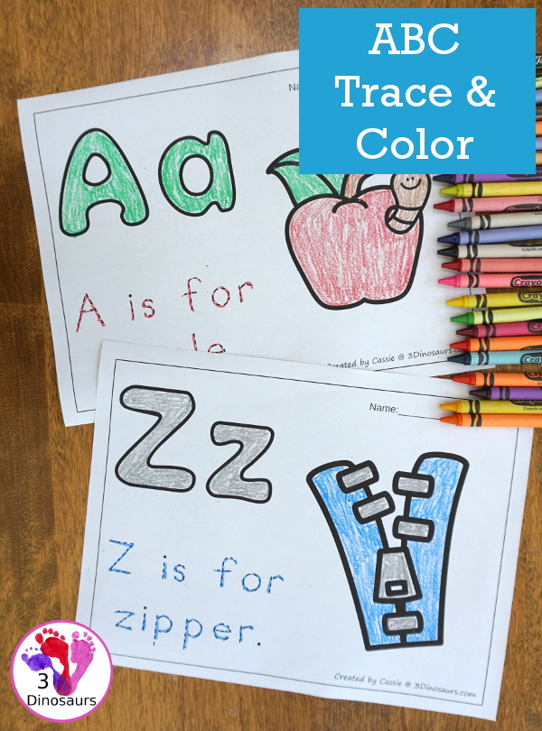 ABC Trace & Color - all 26 letters in fun no-prep page for them to work on one letter at a time - 3Dinosaurs.com