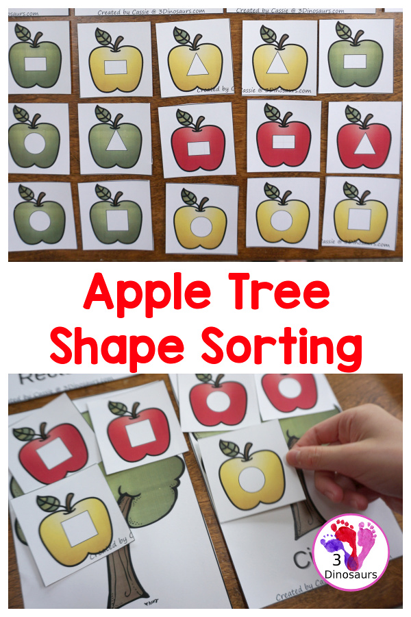 FREE Fun Hands-On Apple Shape Sorting Printable - circle, square, rectangle, and triangle. A great shape center for kids in preschool, prek and kindergarten - 3Dinosaurs.com