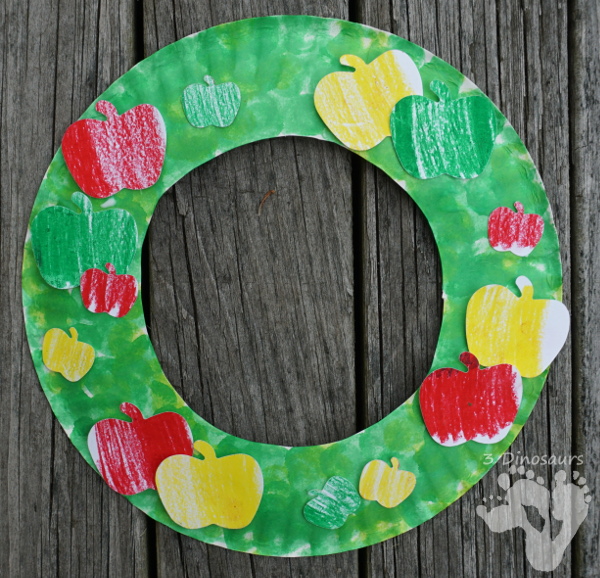 Fun Apple Themed Wreath: with oil pastels and apple punches - easy to do wreath that is great for fall - 3Dinosaurs.com