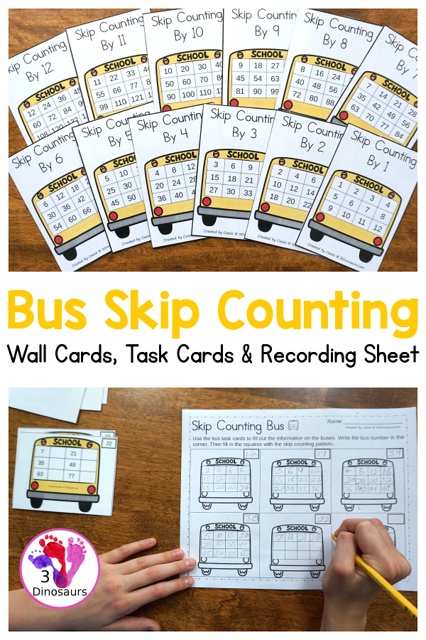 Skip Counting: Bus Theme Task Cards - 12 skip counting wall cards with four different bus skip counting task cards and recording worksheets - 3Dinosaurs.com #taskcards #tpt #skipcounting #backtoschool