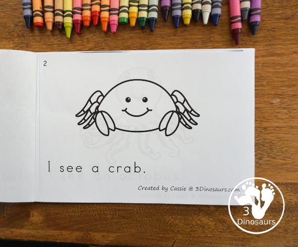 Free Ocean Animals Easy Reader Book - a fun 10 page book that has 9 different ocean animals with simple easy to read sentences that focus on sight words I, see, a, an.  3Dinosaurs.com